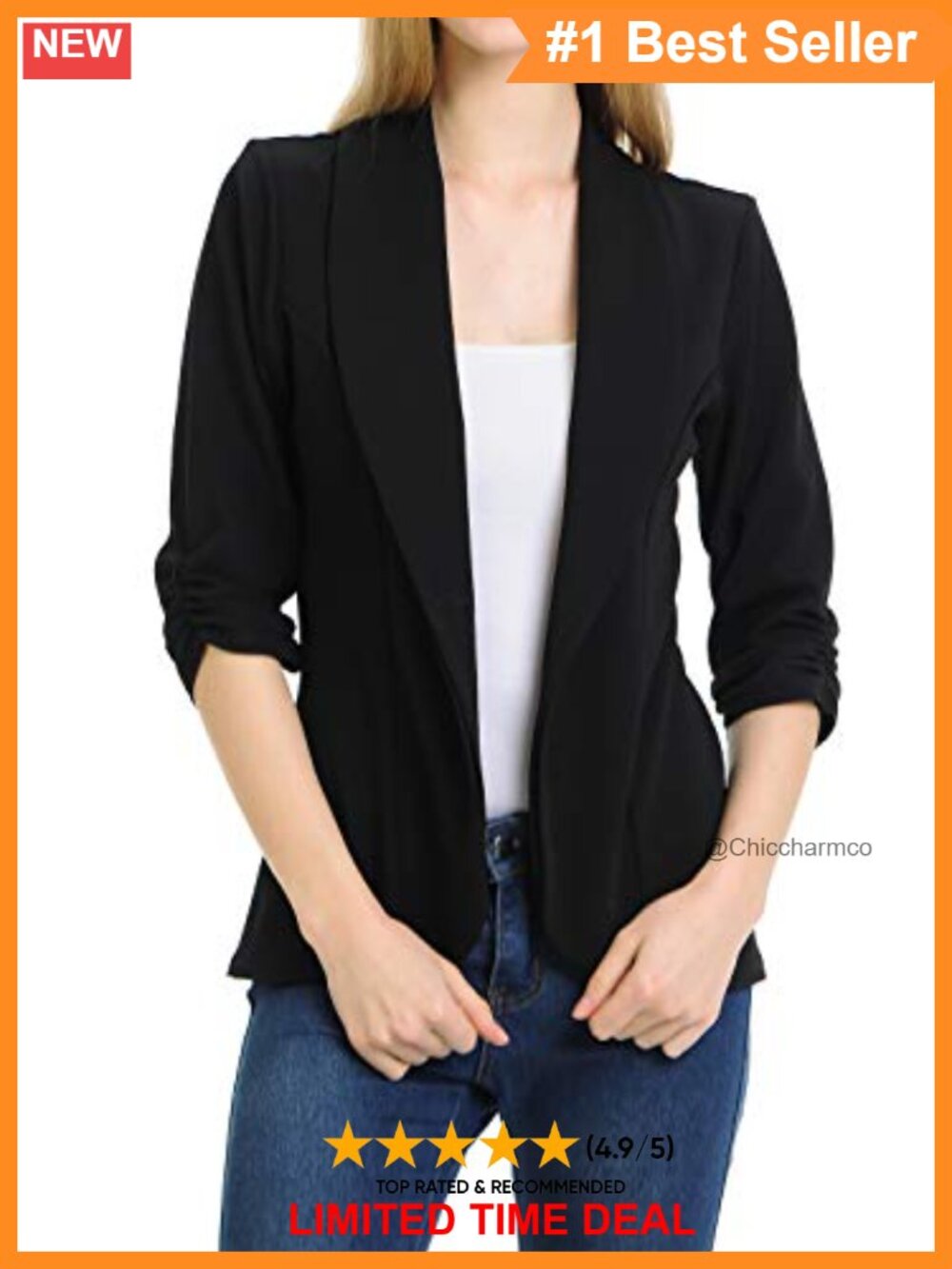 Women's 3/4 Ruched Sleeve Lightweight Blazer Work Office Jacket